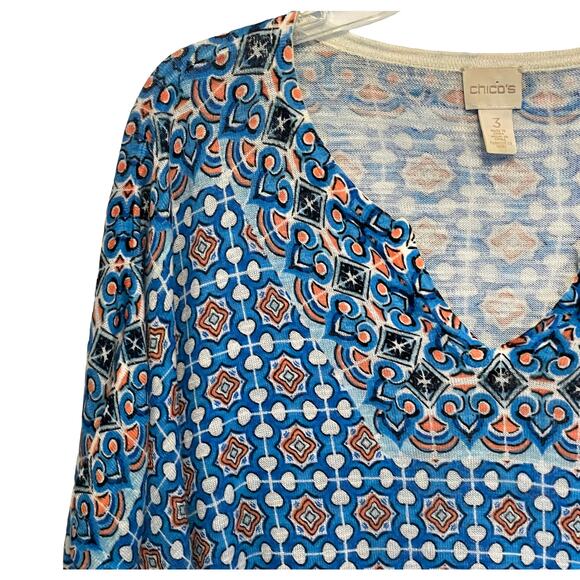 Chicos Mixed Tile Print Top Size 3 (Womens XL) Turquoise V-Neck Geo Casual - Picture 3 of 8